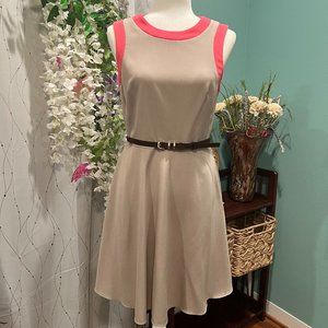 MUSE Sheath Dress Beige with Pink Trim Belted Size 8